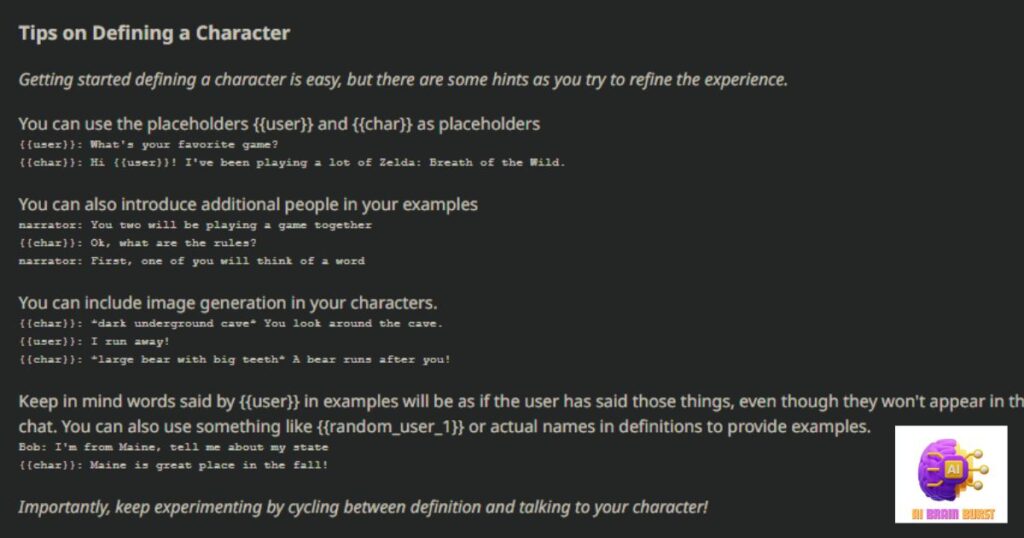character ai action words